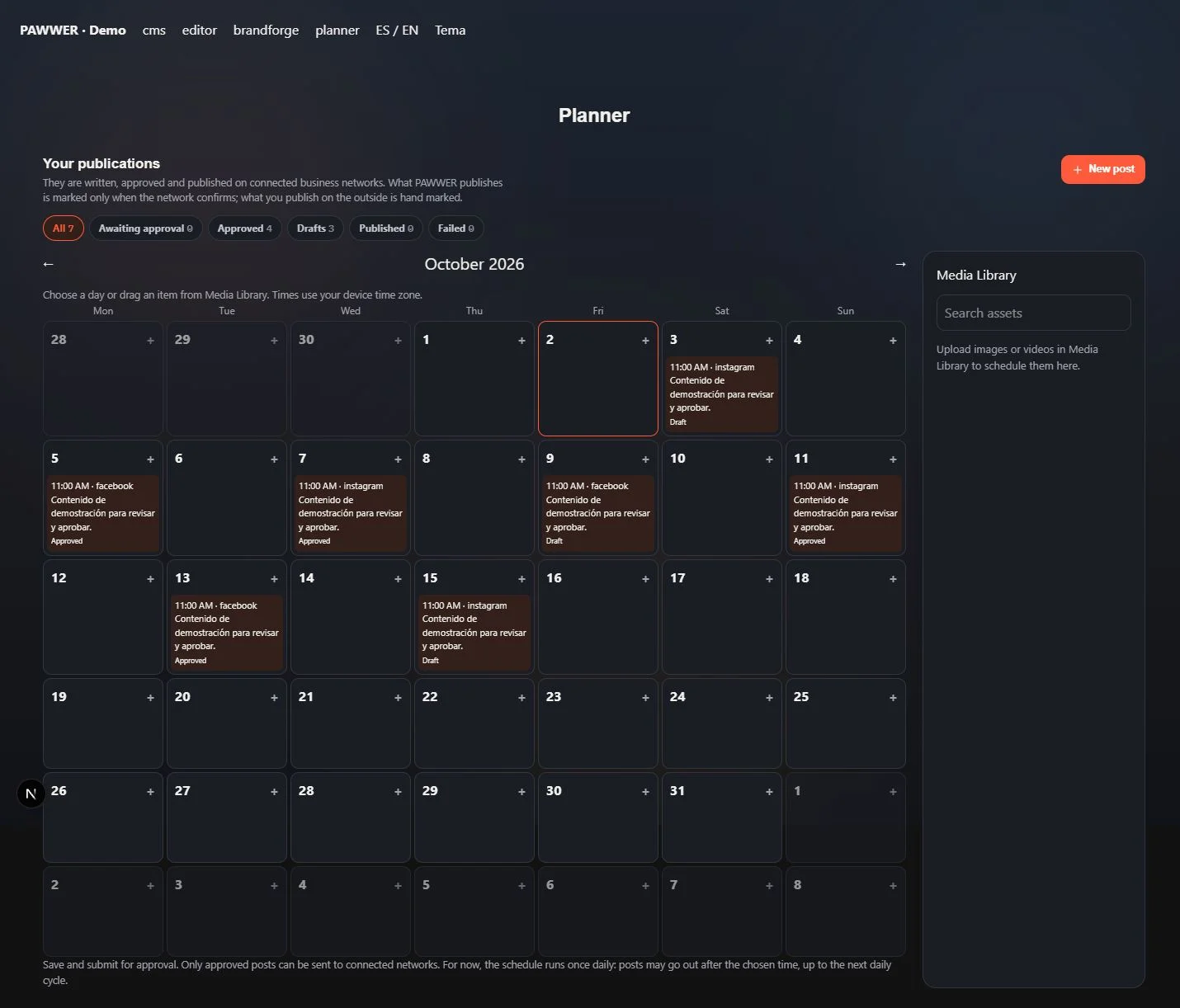 PAWWER Planner with demonstration posts organized in the monthly calendar